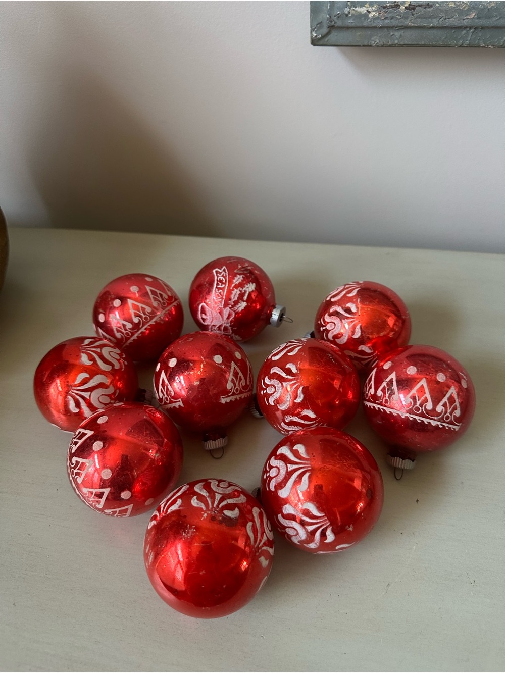 Vintage shiny brite glass Christmas ornament lot stenciled red and white